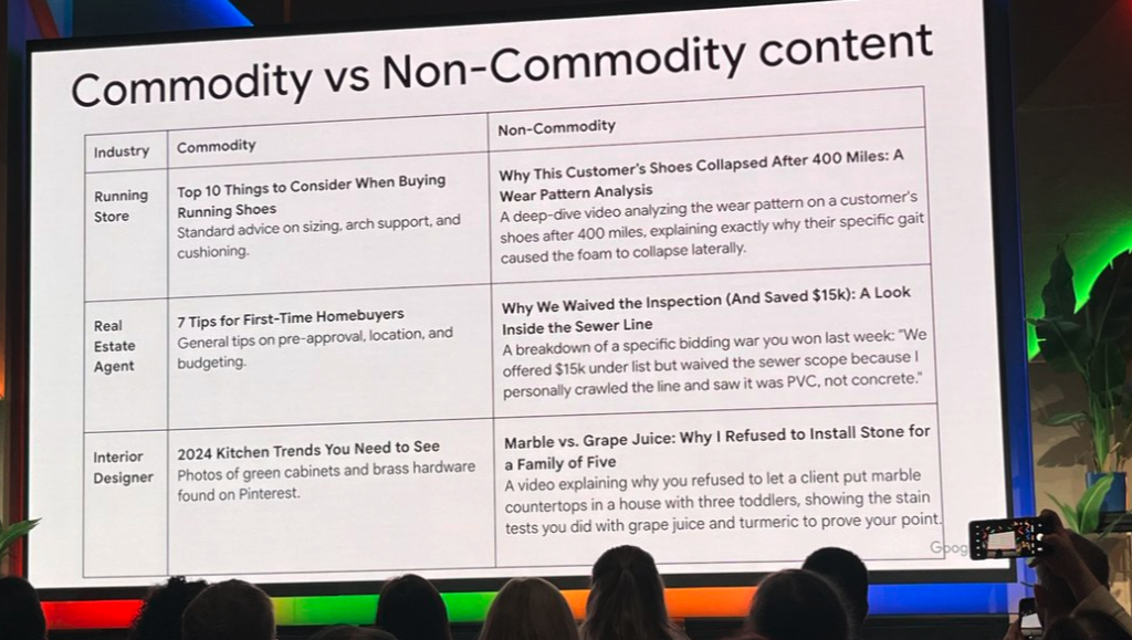 Google conference slide: Commodity vs Non-Commodity content, side-by-side examples across running store, real estate agent, and interior designer industries